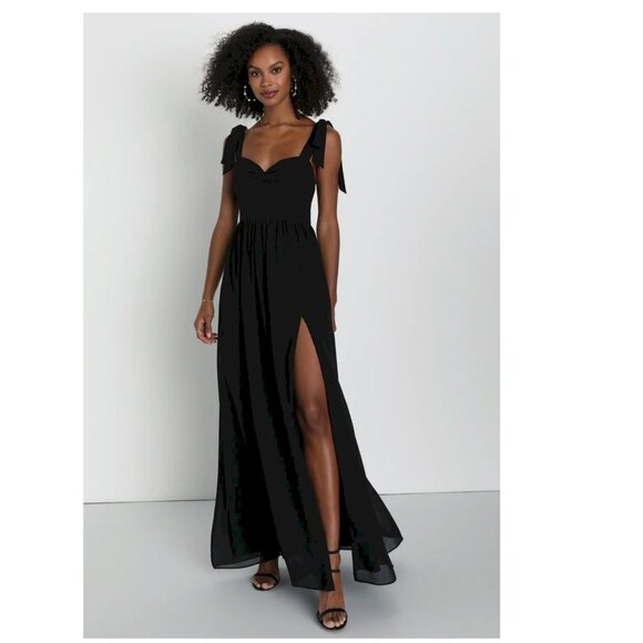 Lulus Radiant Charisma Black Chiffon Ruched Tie-Strap Maxi Dress Large New NWT - Picture 2 of 6